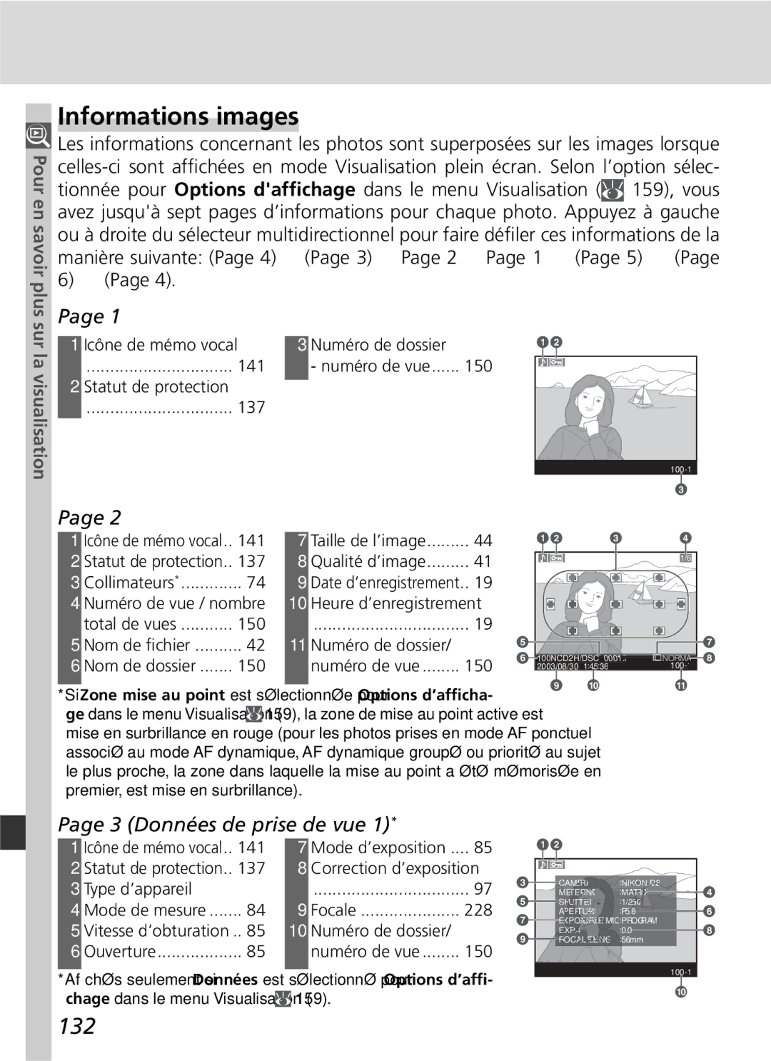 Nikon D2H manual Informations images, 132, Données de prise de vue, Sur la visualisation 