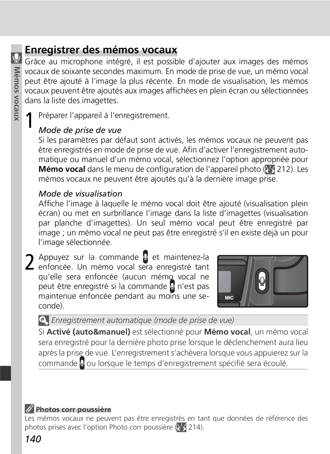 Nikon D2H manual Enregistrer des mémos vocaux, 140, Mémos vocaux, Mode de visualisation, Photos corr poussière 