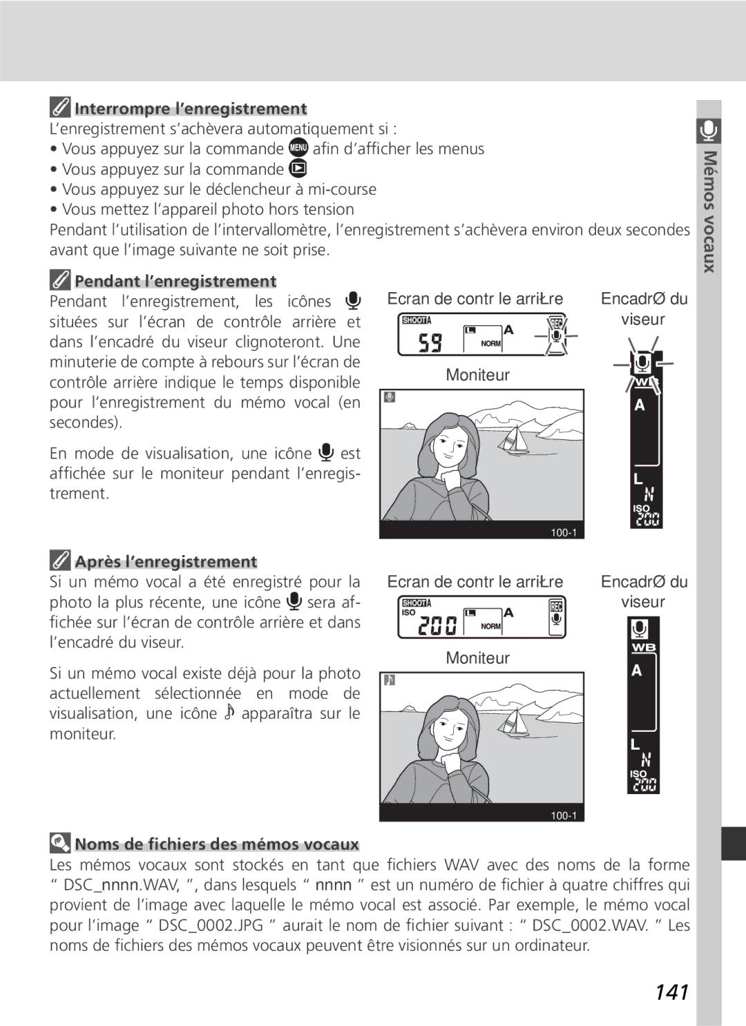 Nikon D2H manual 141, Interrompre l’enregistrement, Noms de ﬁchiers des mémos vocaux 