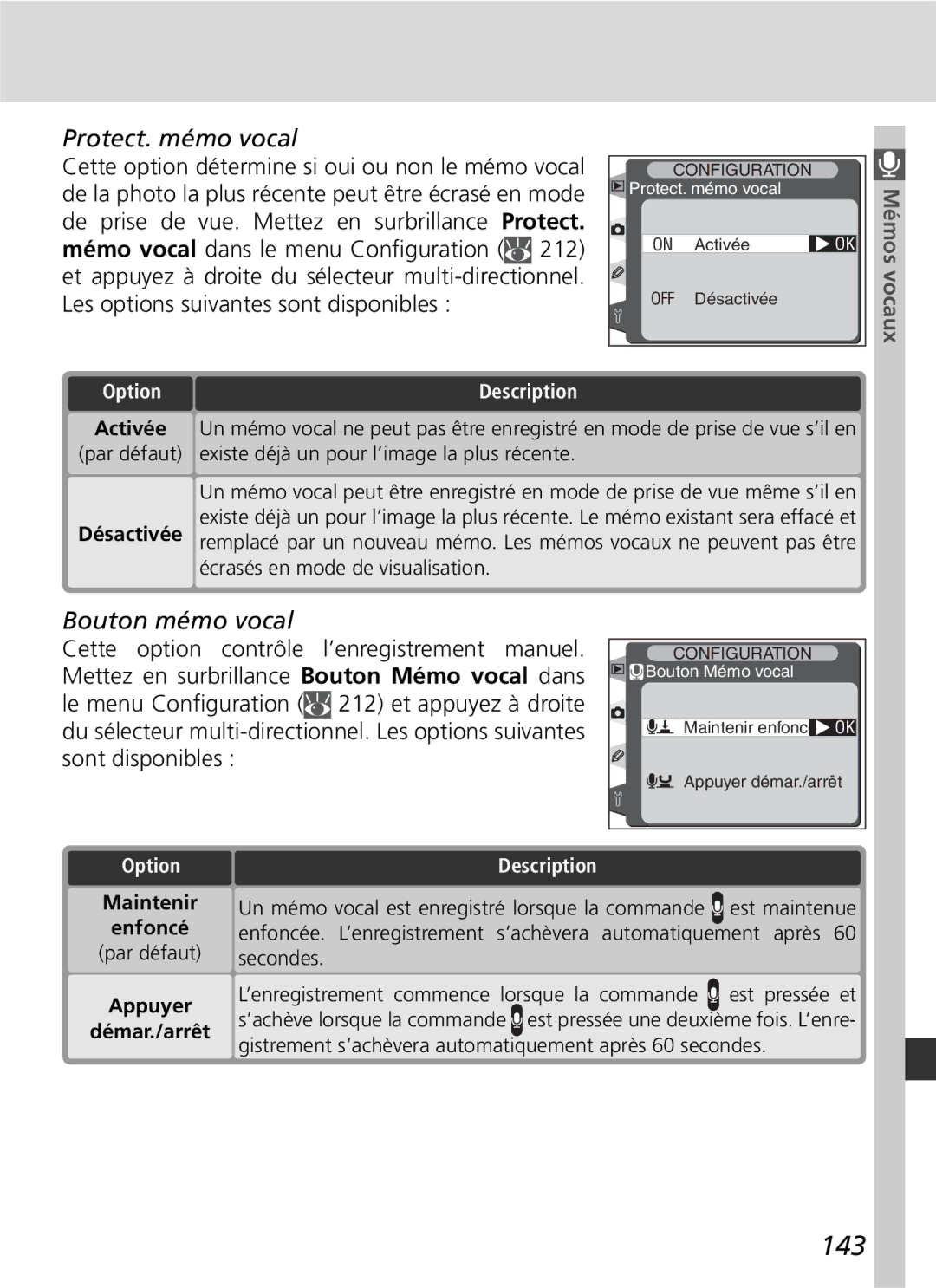 Nikon D2H manual 143, Protect. mémo vocal, Bouton mémo vocal, ToOption 