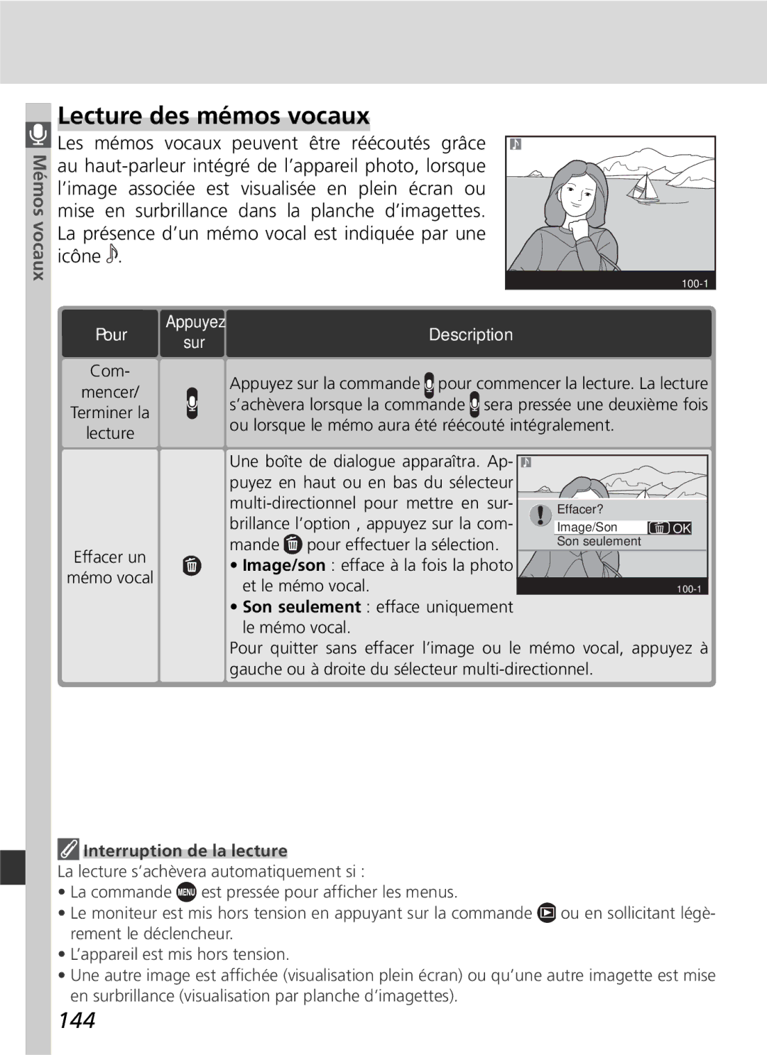 Nikon D2H Lecture des mémos vocaux, 144, Pour, Son seulement efface uniquement le mémo vocal, Interruption de la lecture 