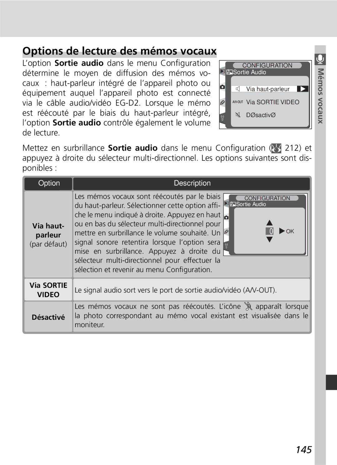 Nikon D2H manual Options de lecture des mémos vocaux, 145, OptionTo Description 