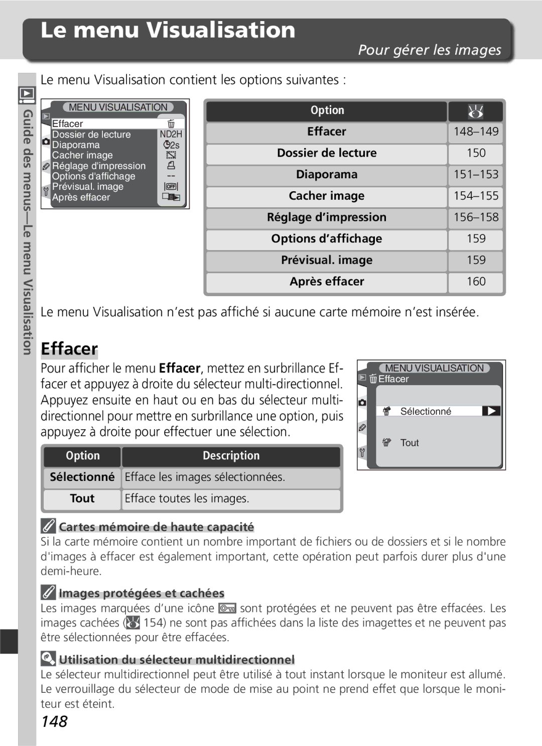 Nikon D2H manual Le menu Visualisation, Effacer, 148, Pour gérer les images, Guide des menus-Le menu 