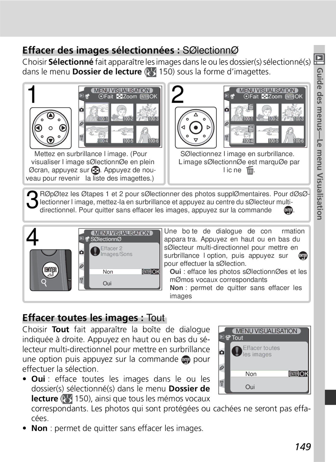 Nikon D2H manual Effacer des images sélectionnées Sélectionné, Effacer toutes les images Tout 