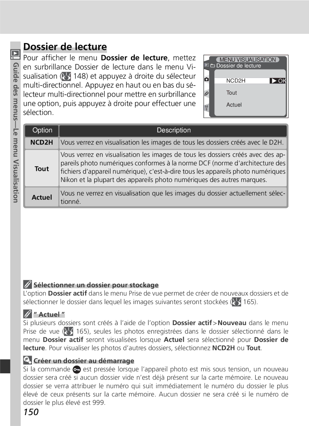 Nikon D2H manual Dossier de lecture, 150, Le menu, OptionDescription 