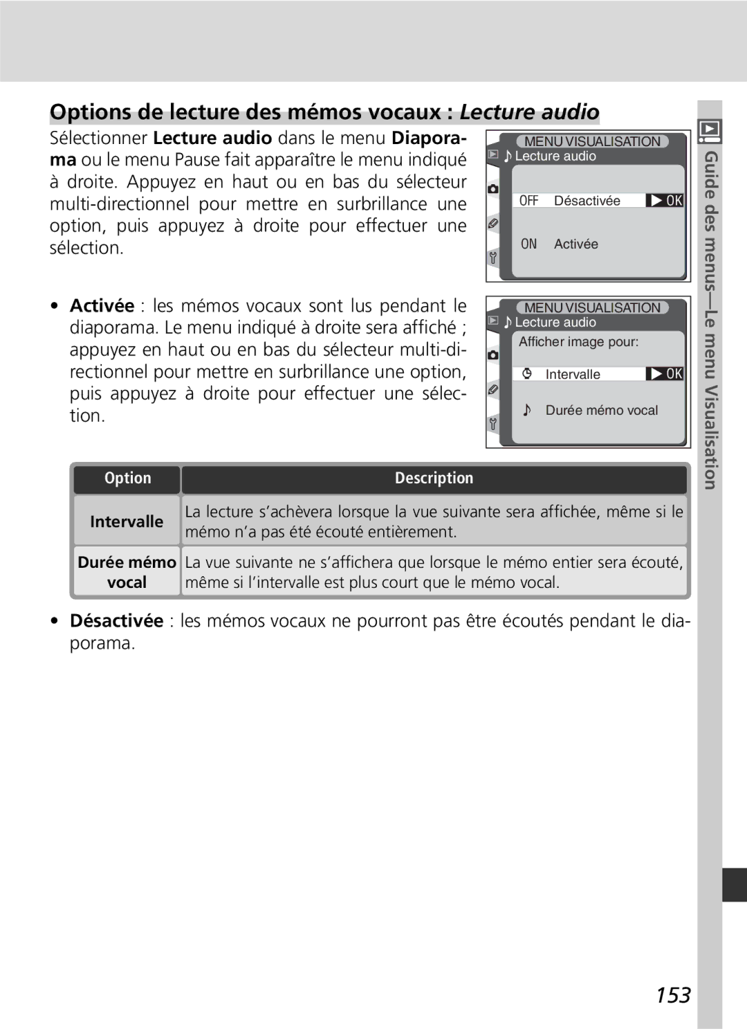 Nikon D2H manual Options de lecture des mémos vocaux Lecture audio, 153 