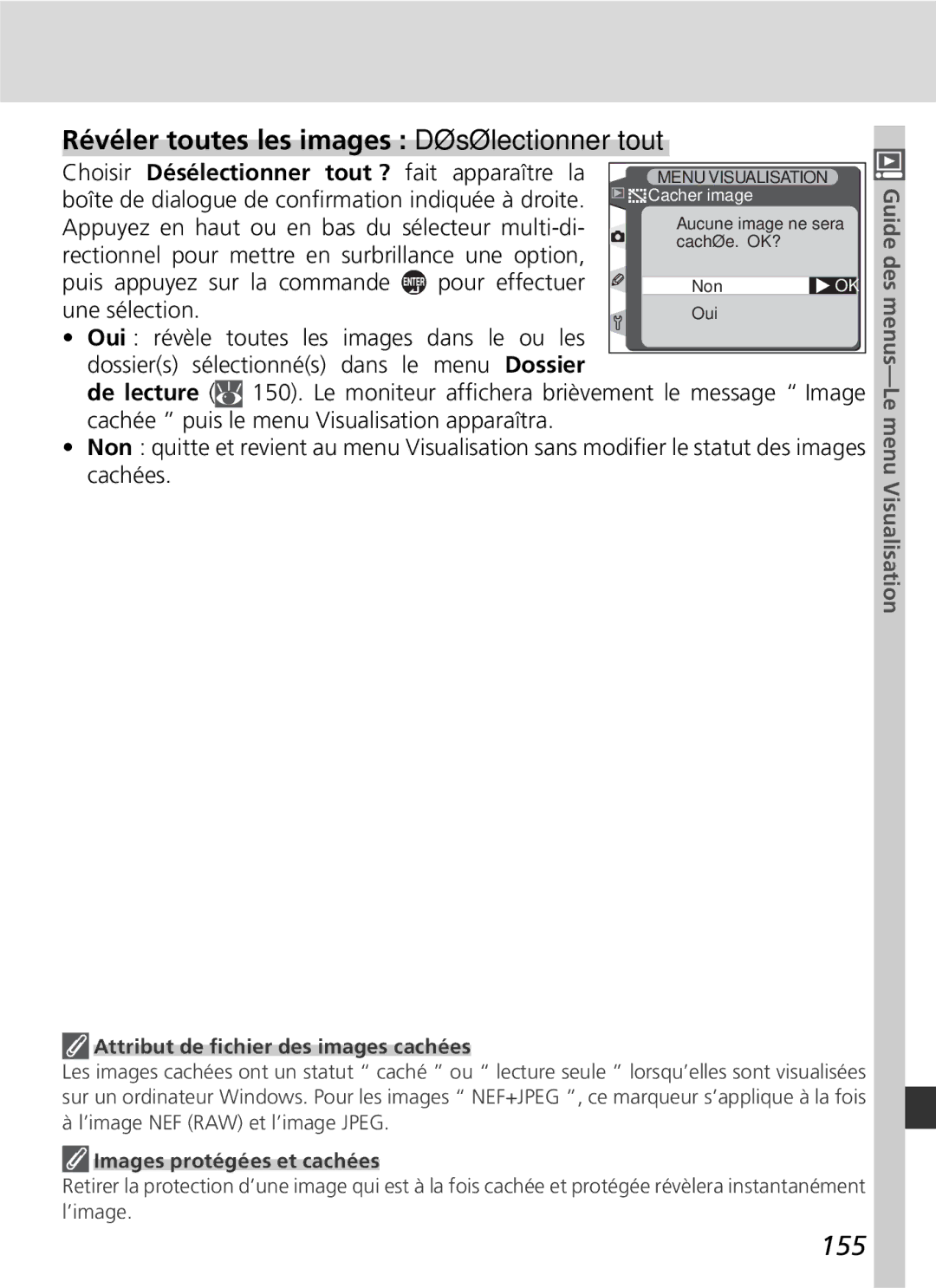 Nikon D2H manual Révéler toutes les images Désélectionner tout, 155, Guide des menus-Le menu Visualisation 