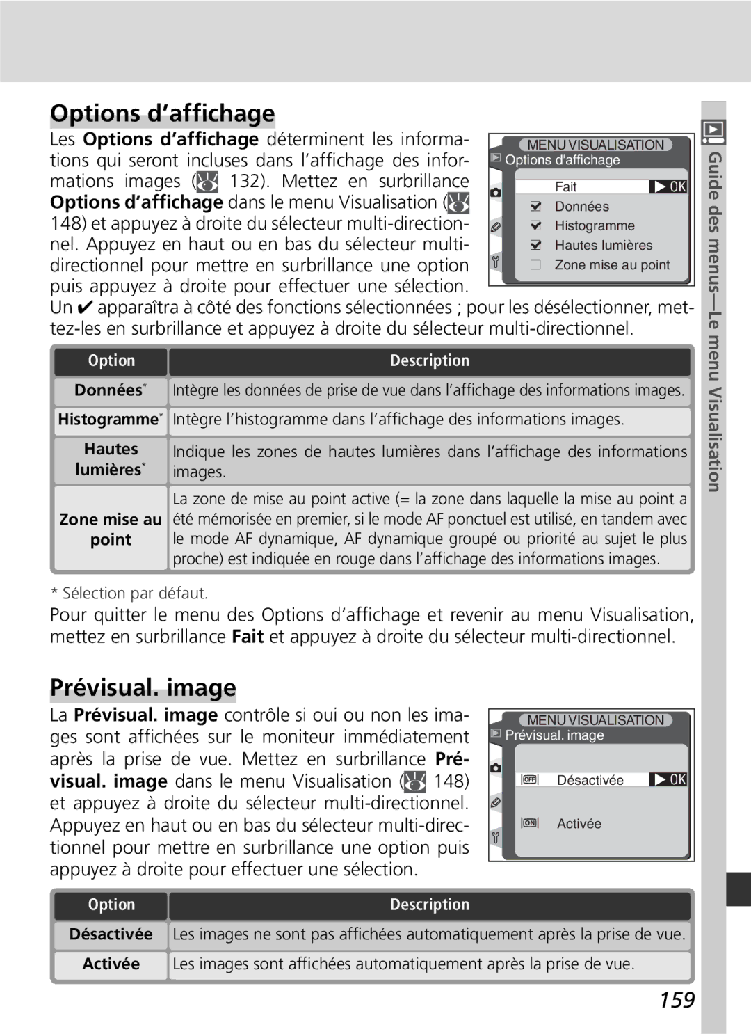 Nikon D2H manual Options d’afﬁchage, Prévisual. image, 159, Images 