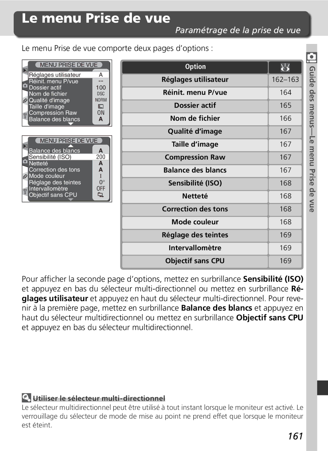 Nikon D2H manual Le menu Prise de vue, 161, Paramétrage de la prise de vue, 169, Utiliser le sélecteur multi-directionnel 