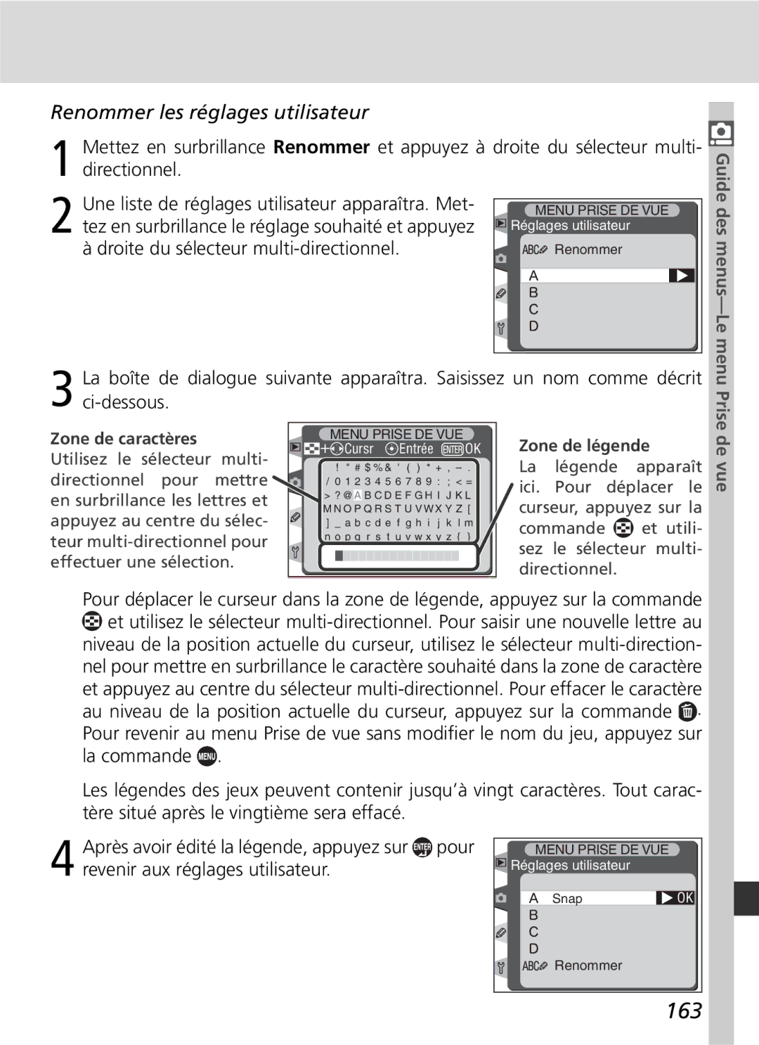 Nikon D2H manual 163, Renommer les réglages utilisateur, De vue, Zone de caractères, Zone de légende 