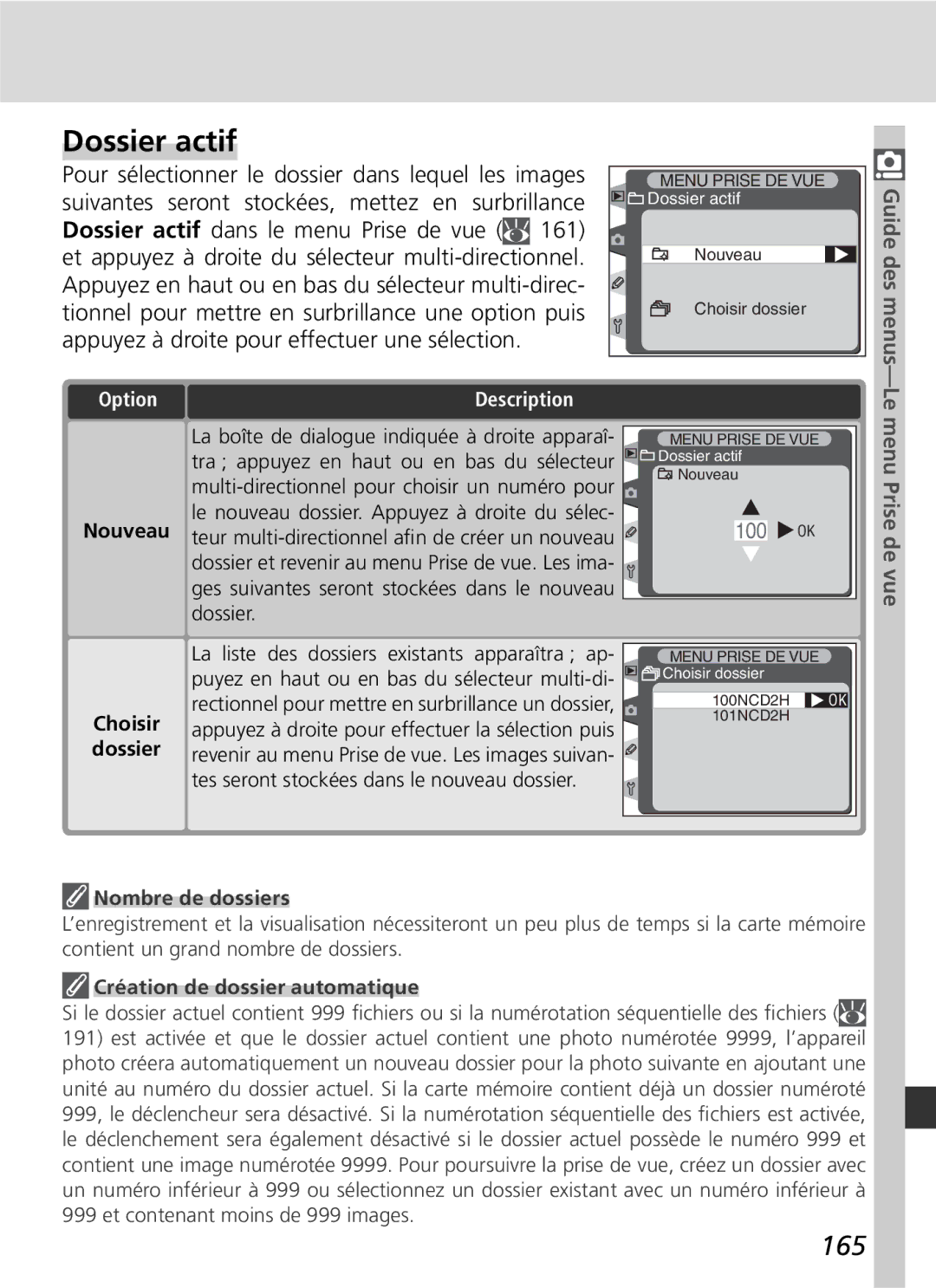 Nikon D2H manual Dossier actif, 165, Le menu Prise de vue, Nombre de dossiers, Création de dossier automatique 