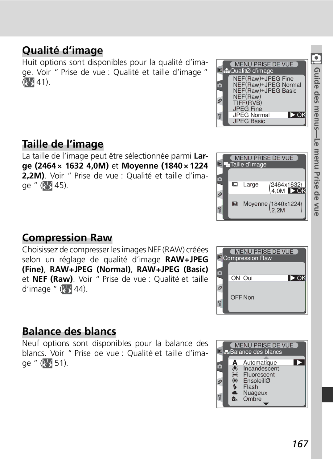 Nikon D2H manual Taille de l’image, Compression Raw, Balance des blancs, 167 