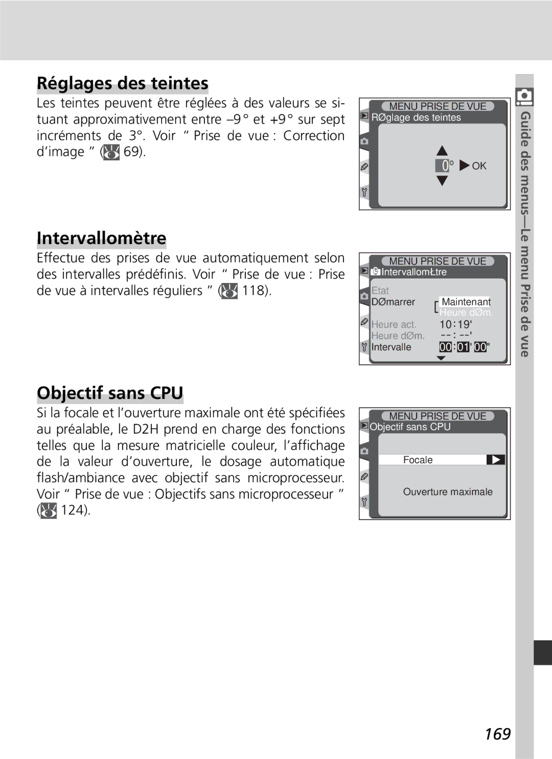 Nikon D2H manual Réglages des teintes, Intervallomètre, Objectif sans CPU, 169 