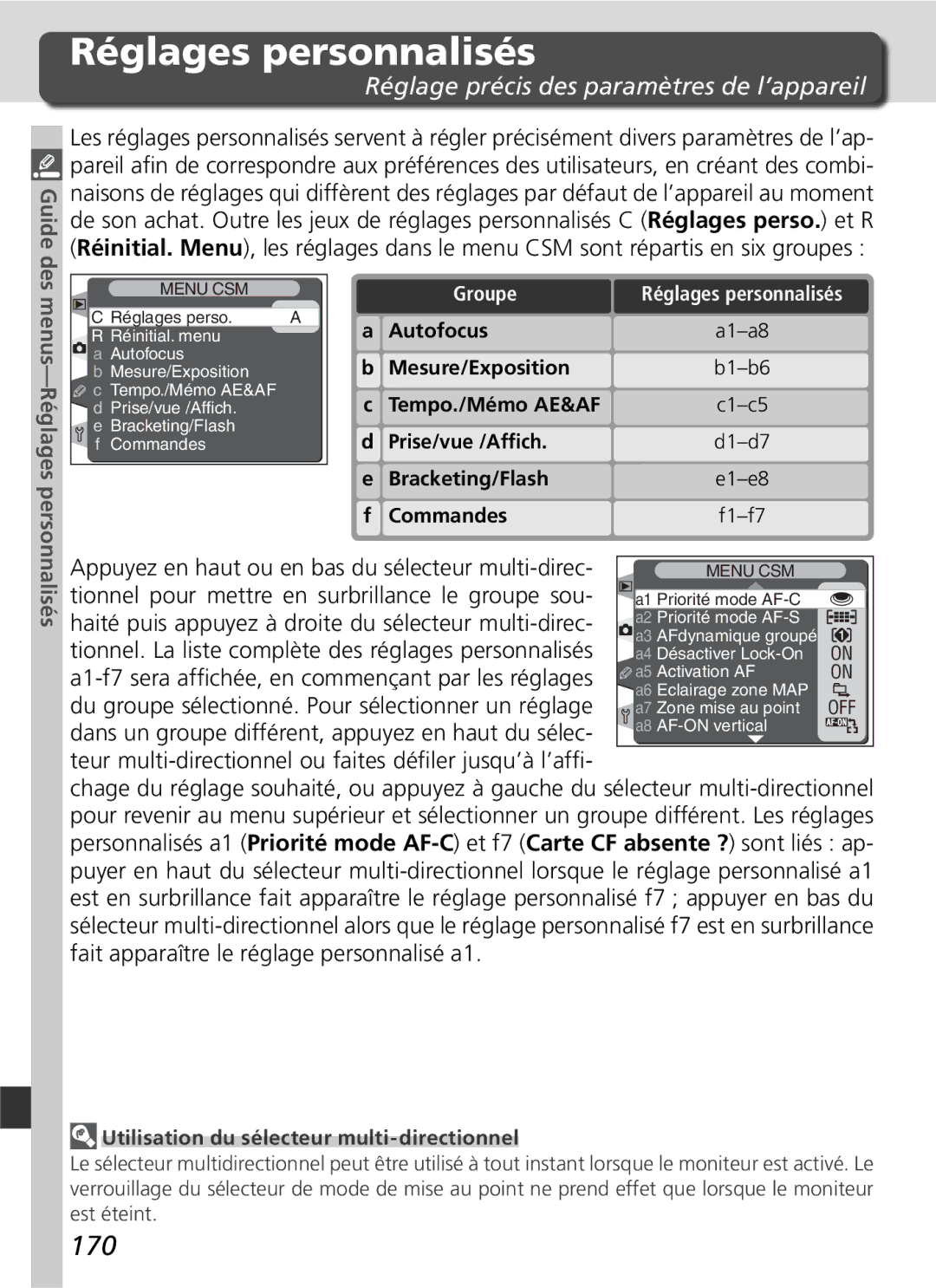 Nikon D2H manual Réglages personnalisés, 170, Réglage précis des paramètres de l’appareil, Groupe 