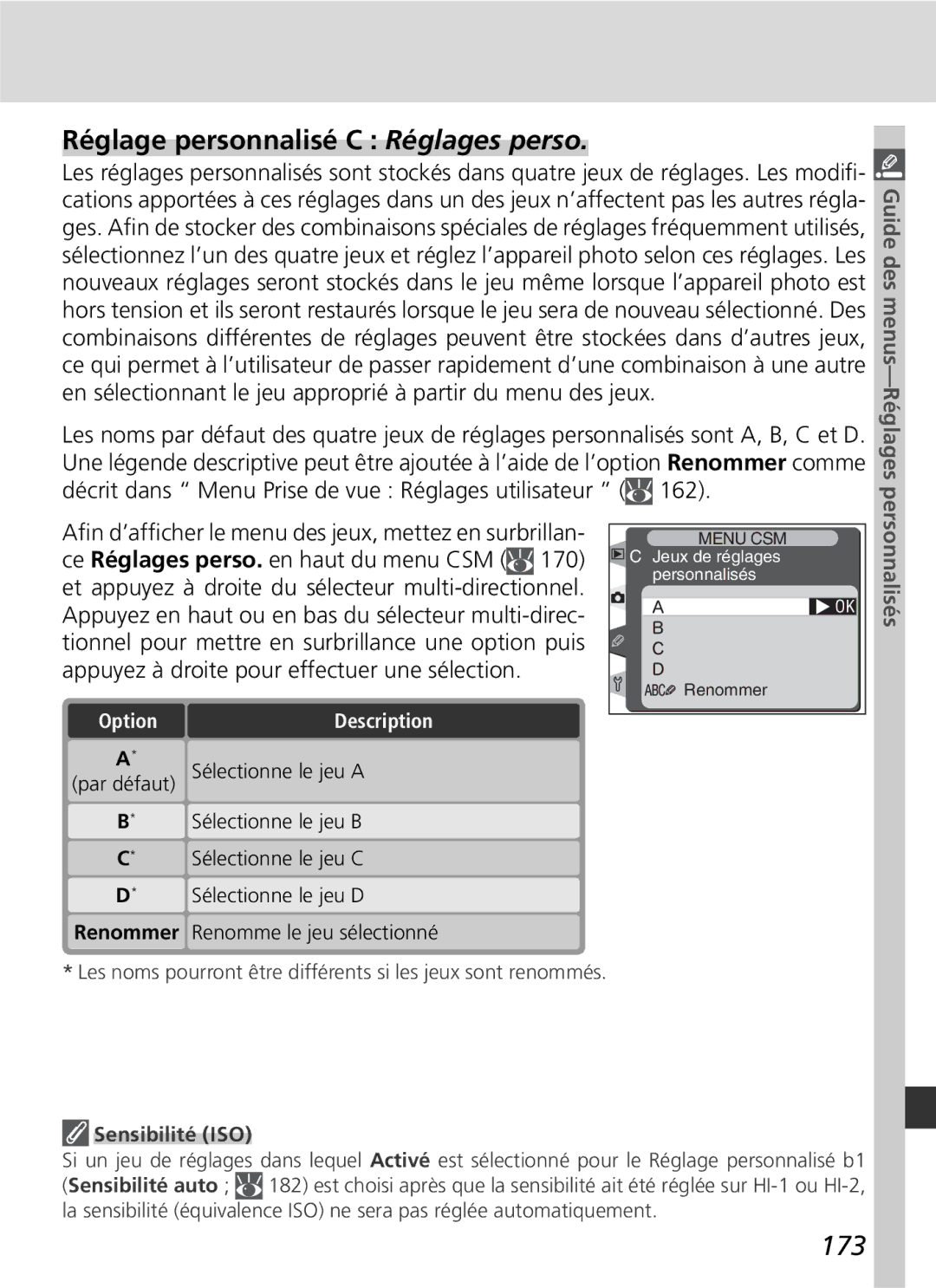 Nikon D2H manual Réglage personnalisé C Réglages perso, 173, Guide des menus-Réglages, Sensibilité ISO 