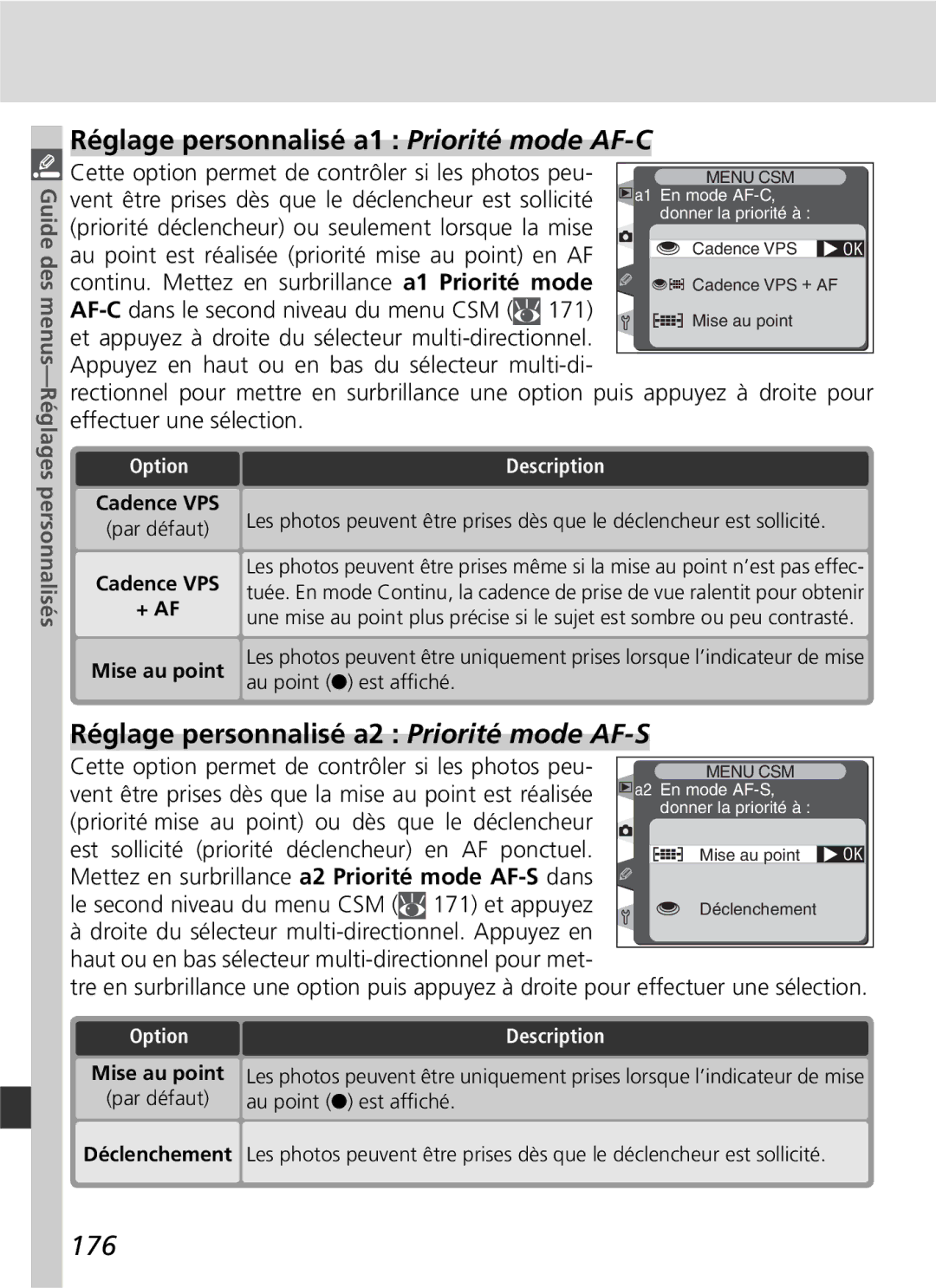 Nikon D2H manual 176, Cadence VPS + AF Mise au point, Au point est afﬁché 