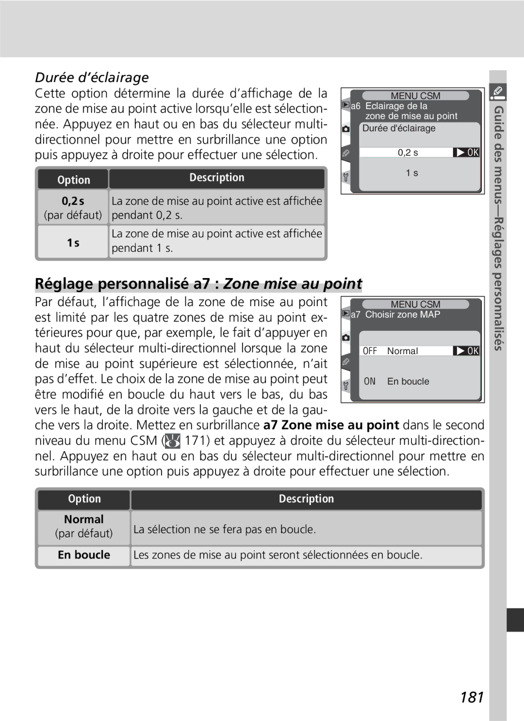 Nikon D2H manual Réglage personnalisé a7 Zone mise au point, 181, Durée d’éclairage, Normal 