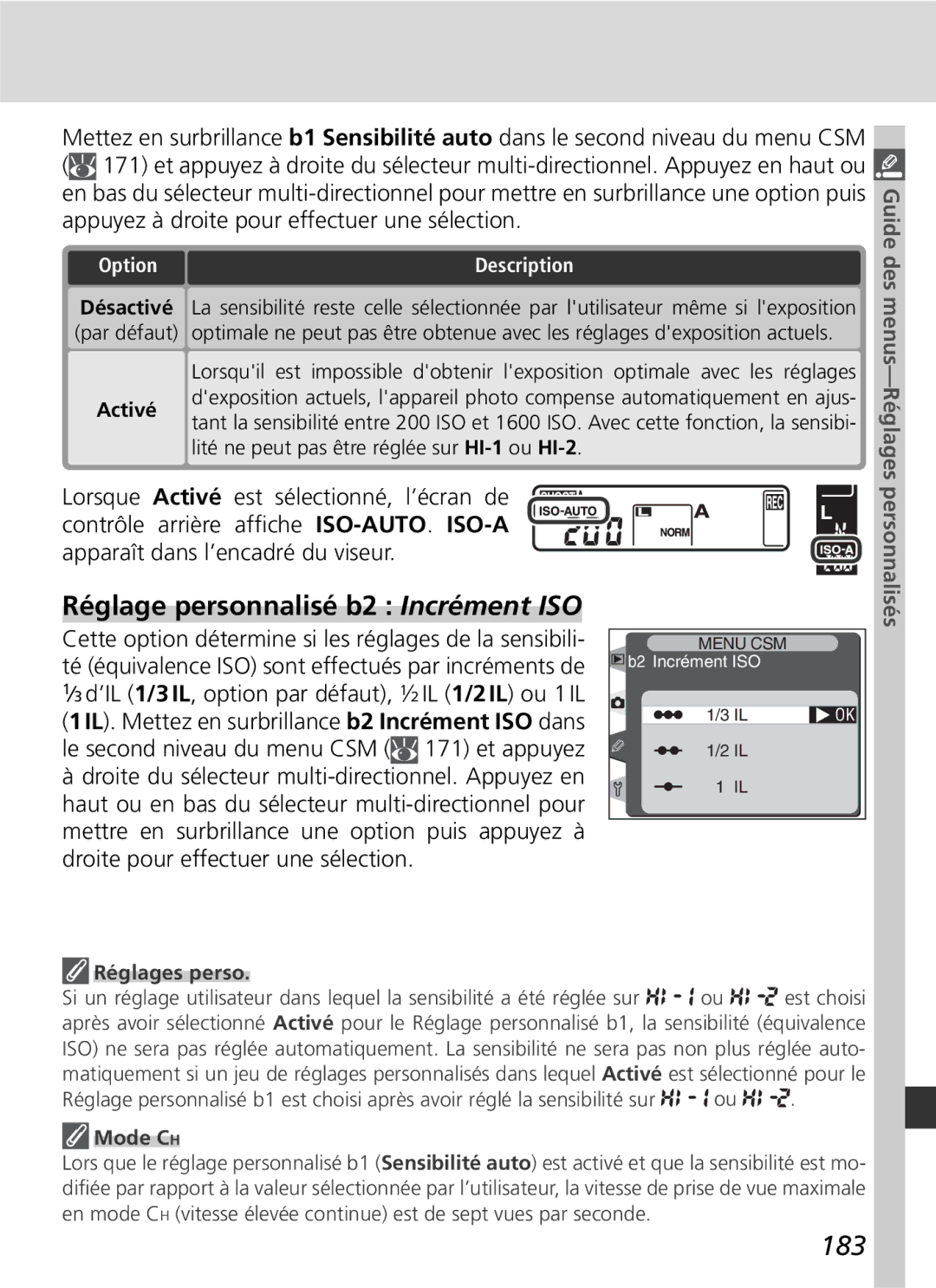 Nikon D2H manual Réglage personnalisé b2 Incrément ISO, 183, Réglages perso, Mode CH 