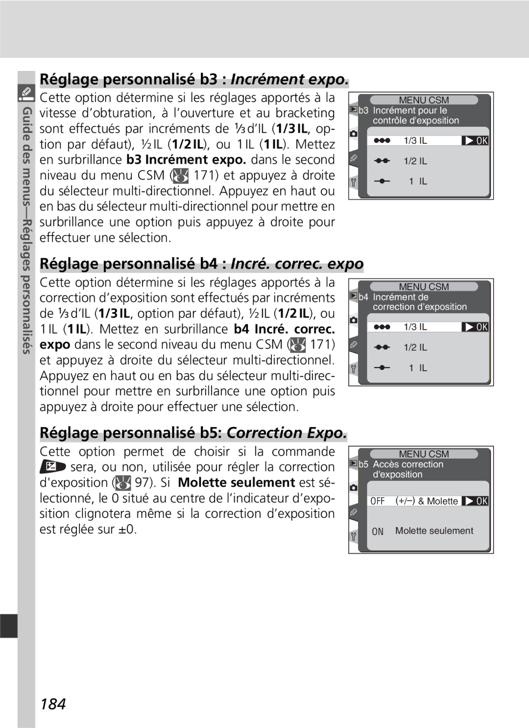 Nikon D2H manual Réglage personnalisé b3 Incrément expo, Réglage personnalisé b4 Incré. correc. expo, 184 