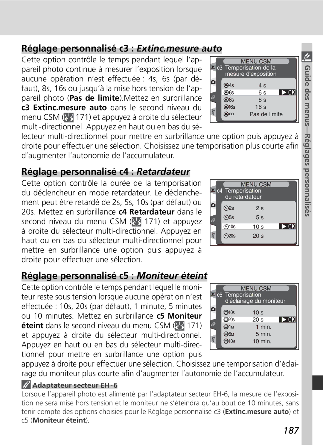 Nikon D2H Réglage personnalisé c3 Extinc.mesure auto, Réglage personnalisé c4 Retardateur, 187, Adaptateur secteur EH-6 