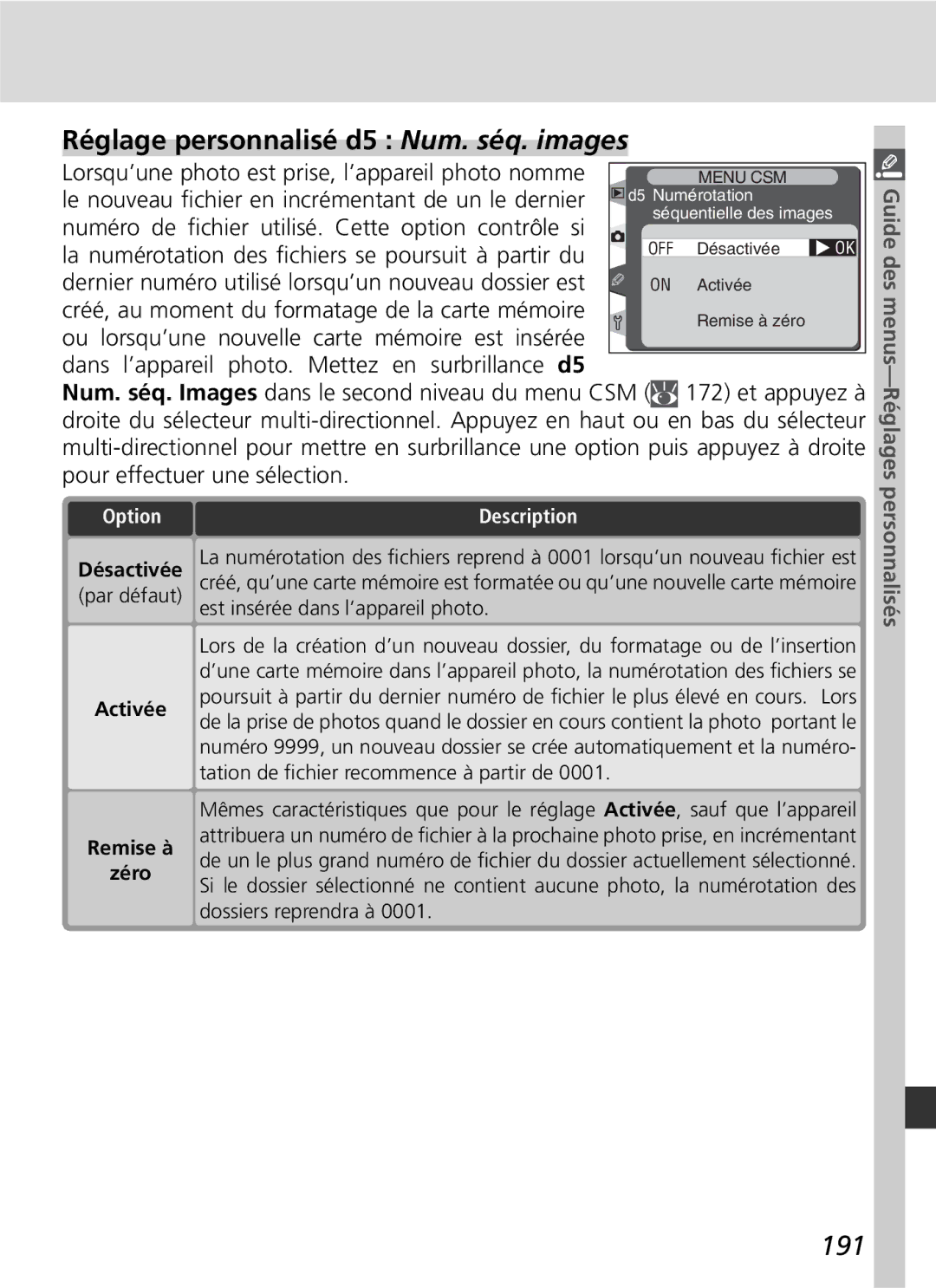 Nikon D2H manual Réglage personnalisé d5 Num. séq. images, 191, Activée Remise à Zéro 