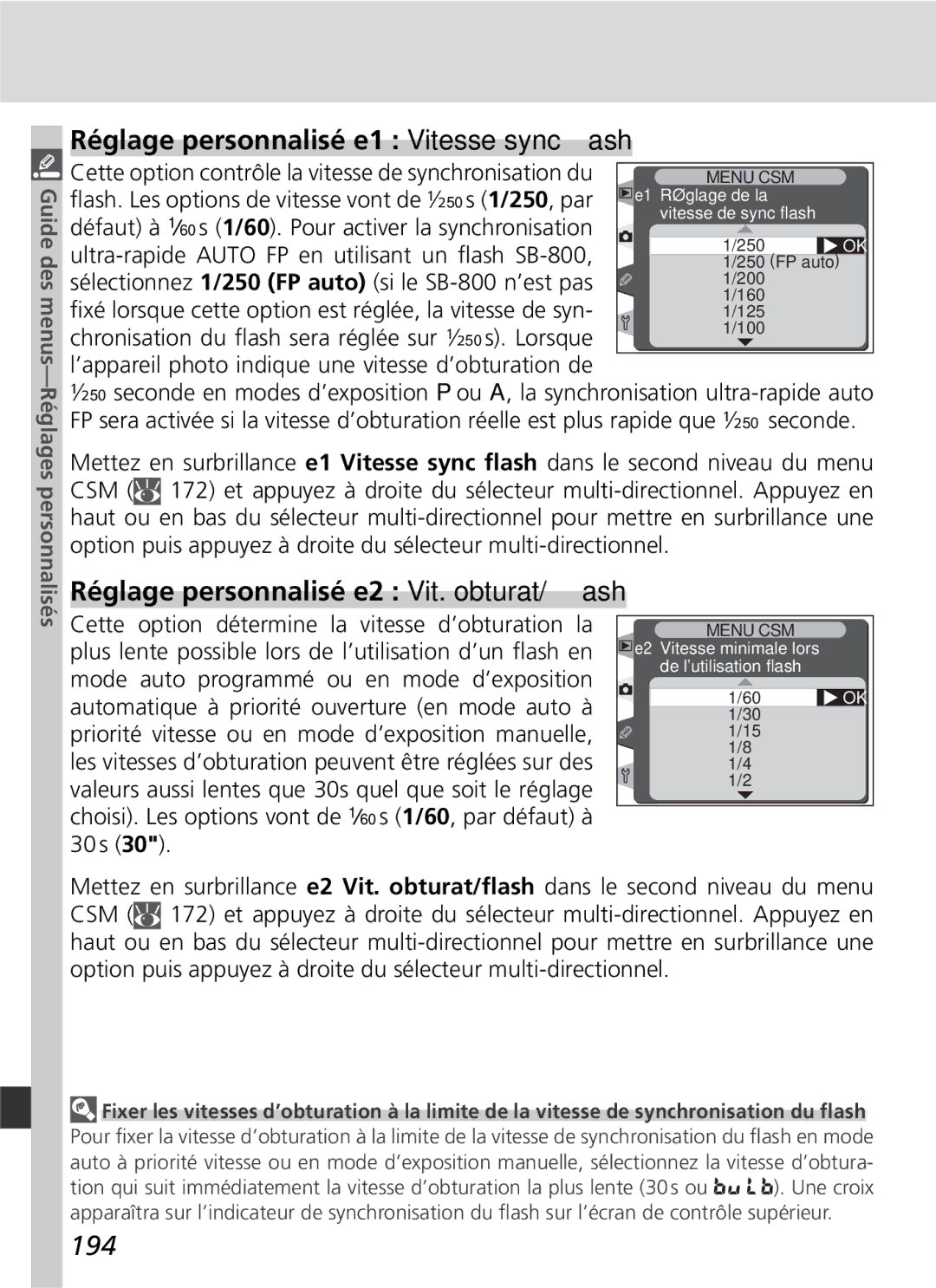 Nikon D2H manual Réglage personnalisé e1 Vitesse sync ﬂash, Réglage personnalisé e2 Vit. obturat/ﬂash, 194 