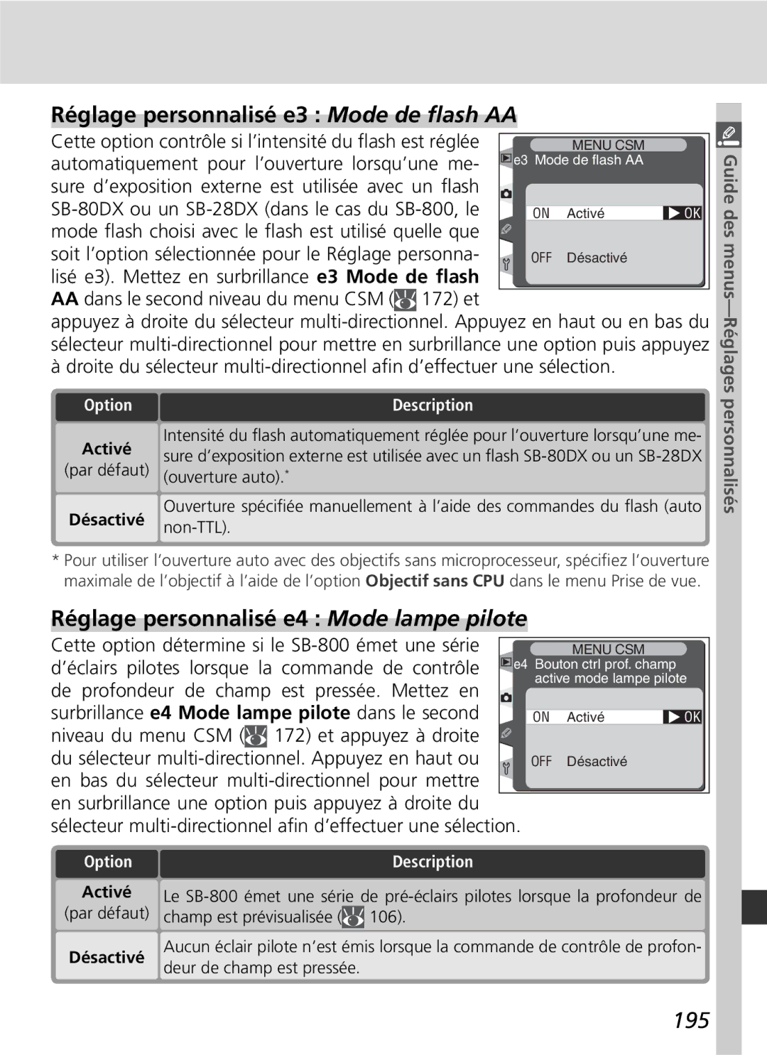 Nikon D2H manual Réglage personnalisé e3 Mode de ﬂash AA, Réglage personnalisé e4 Mode lampe pilote, 195 