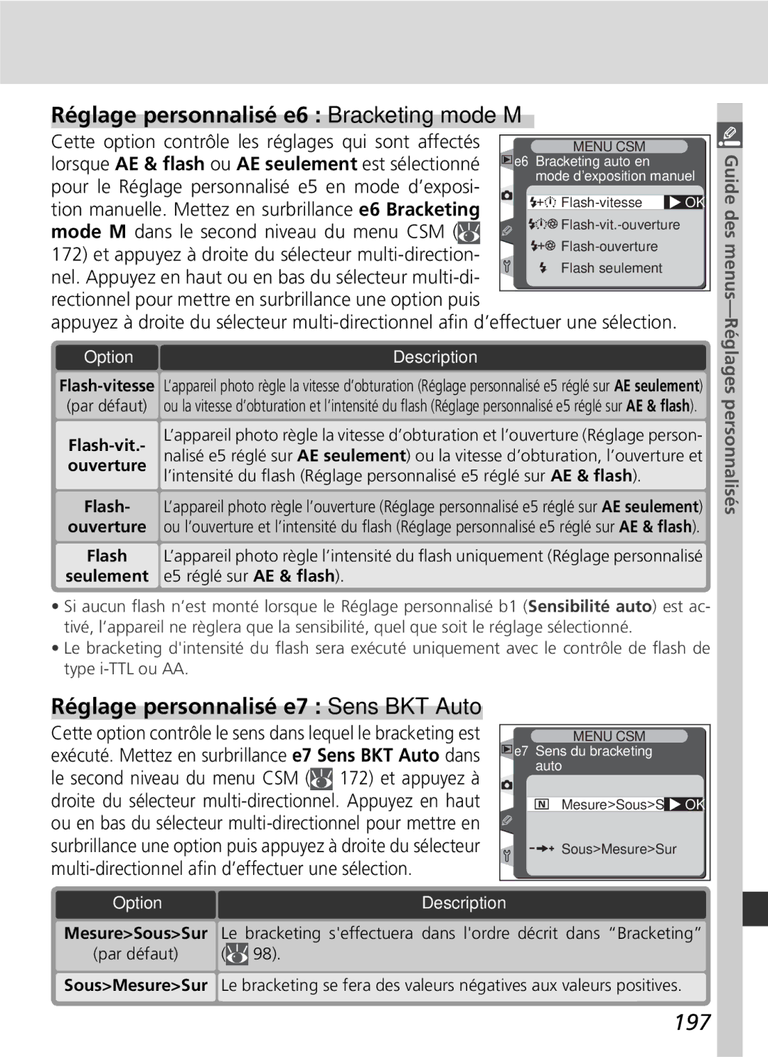 Nikon D2H Réglage personnalisé e6 Bracketing mode M, Réglage personnalisé e7 Sens BKT Auto, 197, E5 réglé sur AE & ﬂash 