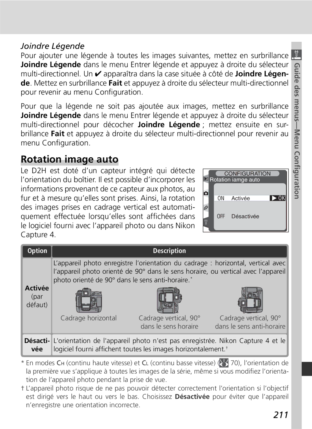 Nikon D2H manual Rotation image auto, 211, Joindre Légende, Activée 