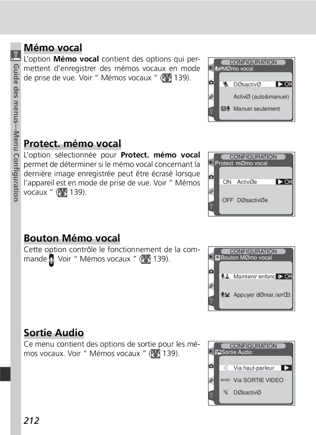 Nikon D2H manual Protect. mémo vocal, Bouton Mémo vocal, Sortie Audio, 212 