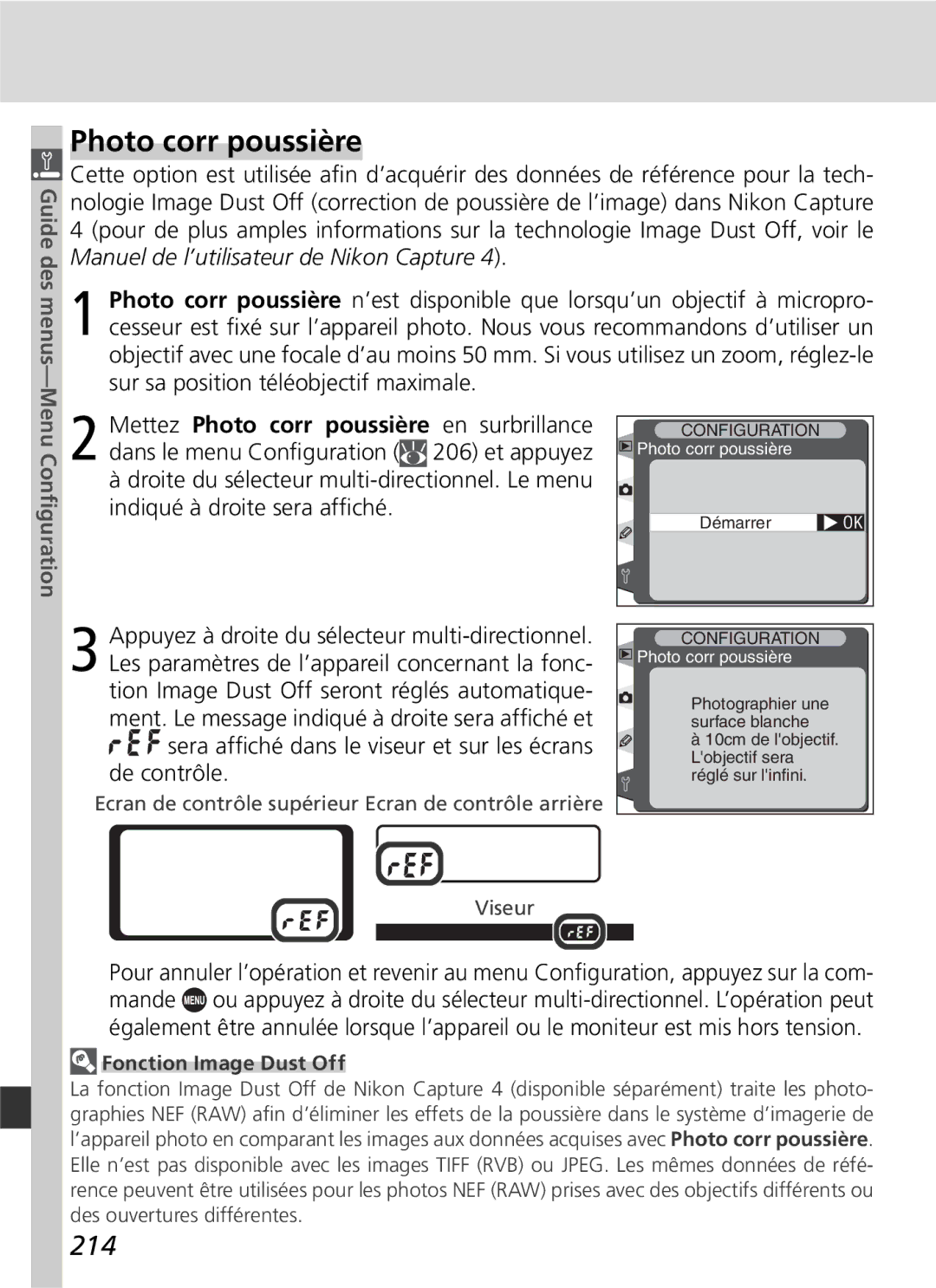 Nikon D2H manual Photo corr poussière, 214, Fonction Image Dust Off 