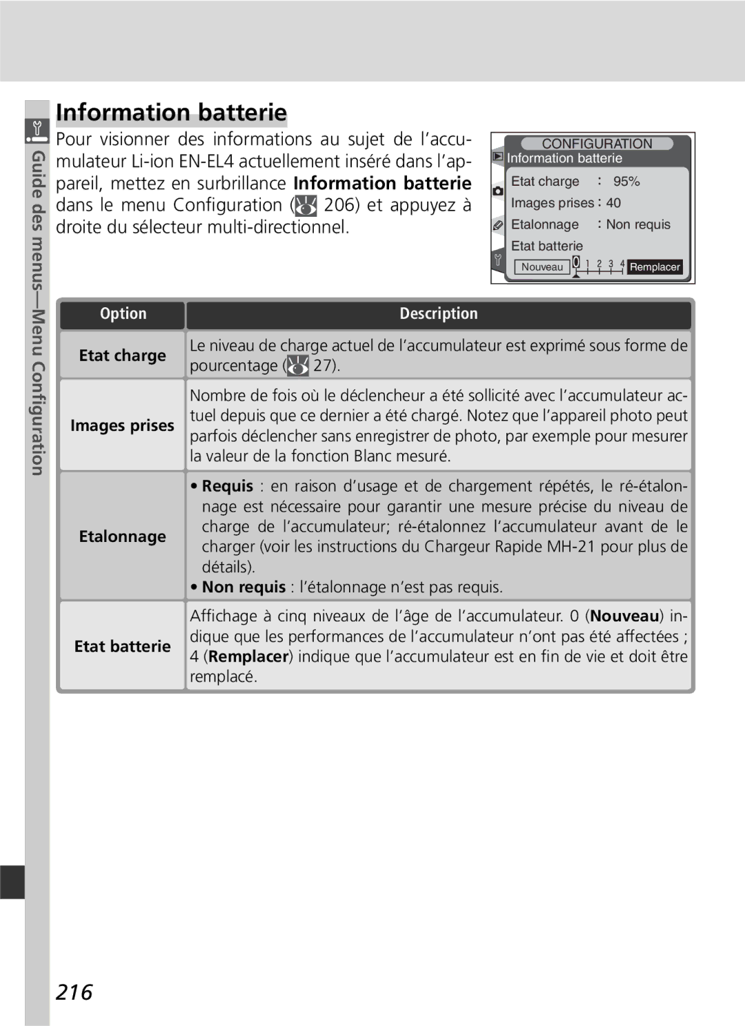 Nikon D2H manual Information batterie, 216, Etat charge Images prises Etalonnage Etat batterie 