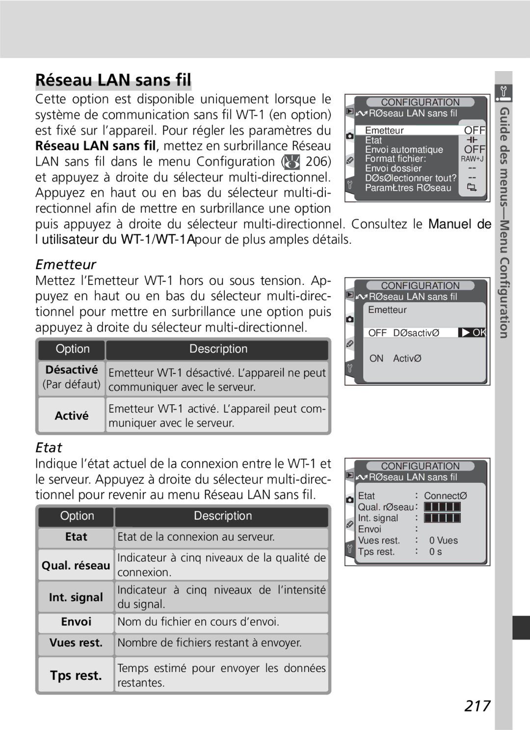 Nikon D2H manual Réseau LAN sans ﬁl, 217, Emetteur, Etat Qual. réseau Int. signal Envoi Vues rest 