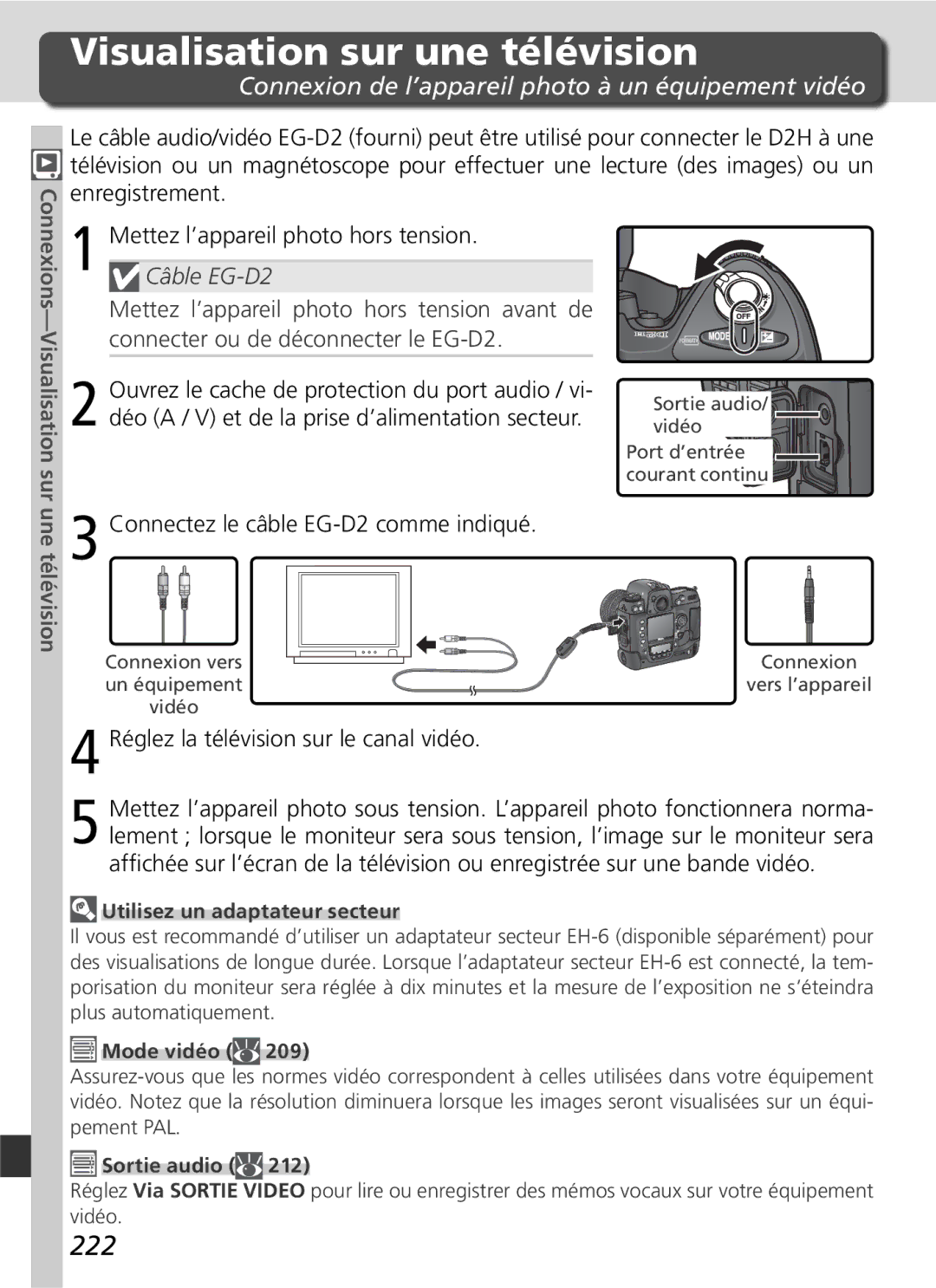 Nikon D2H manual Connexions-Visualisation sur une télévision 