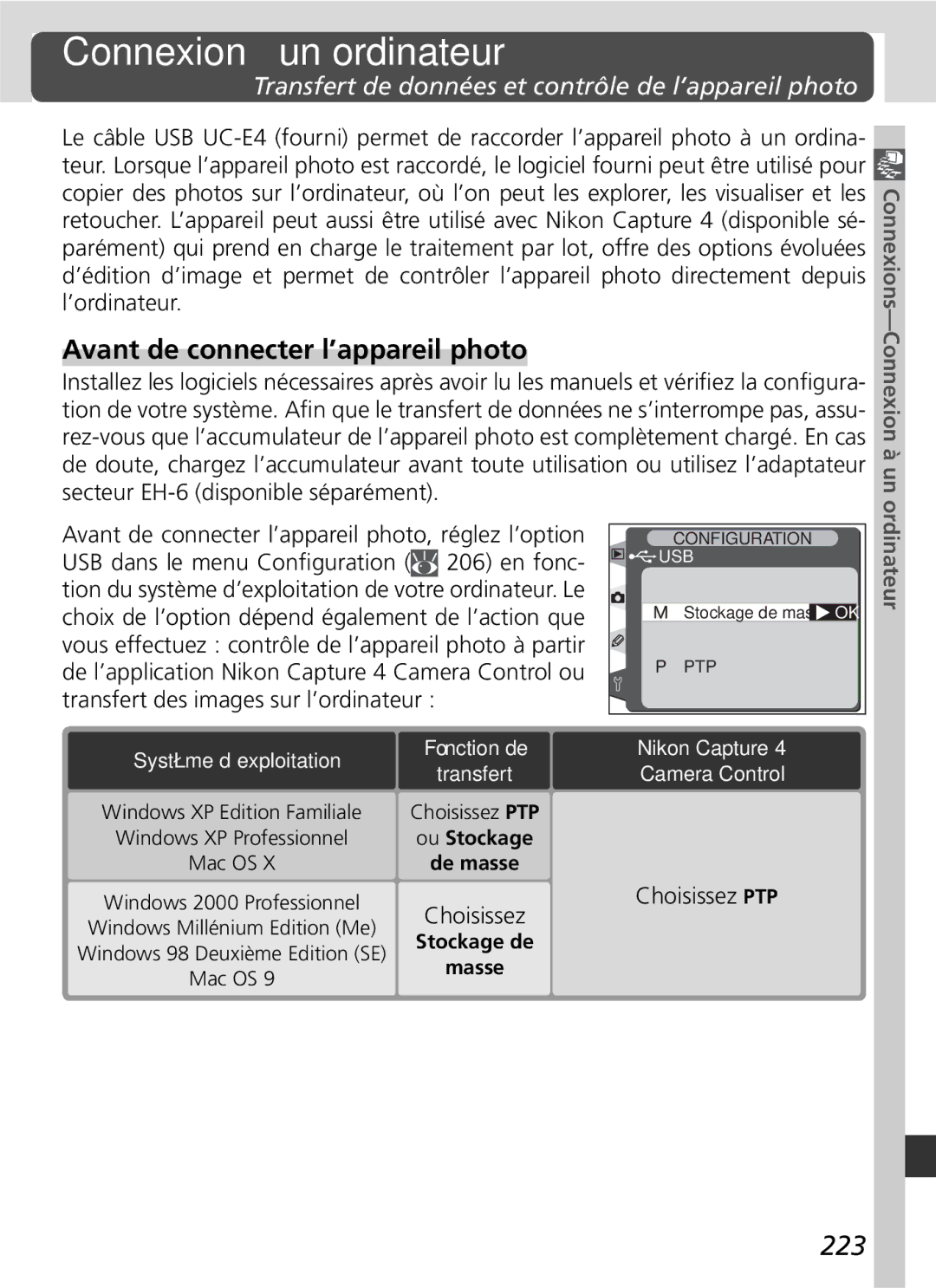 Nikon D2H manual Connexion à un ordinateur, Avant de connecter l’appareil photo, 223 