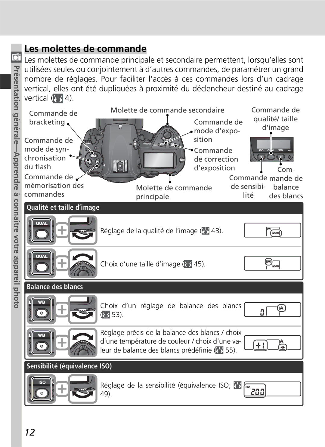 Nikon D2H manual Les molettes de commande, Qualité et taille d’image, Balance des blancs, Sensibilité équivalence ISO 