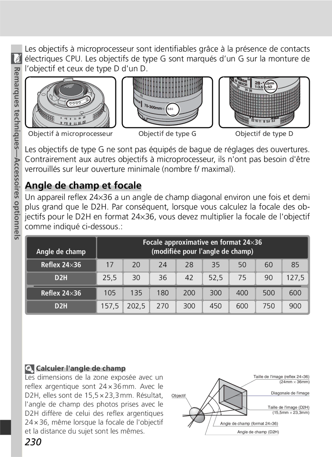 Nikon D2H manual Angle de champ et focale, 230, Calculer langle de champ 