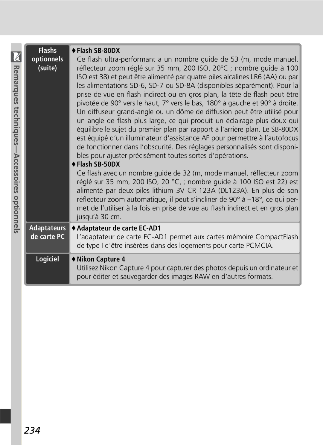 Nikon D2H manual 234, Flash SB-80DX, Flash SB-50DX, Adaptateurs Adaptateur de carte EC-AD1, Nikon Capture 
