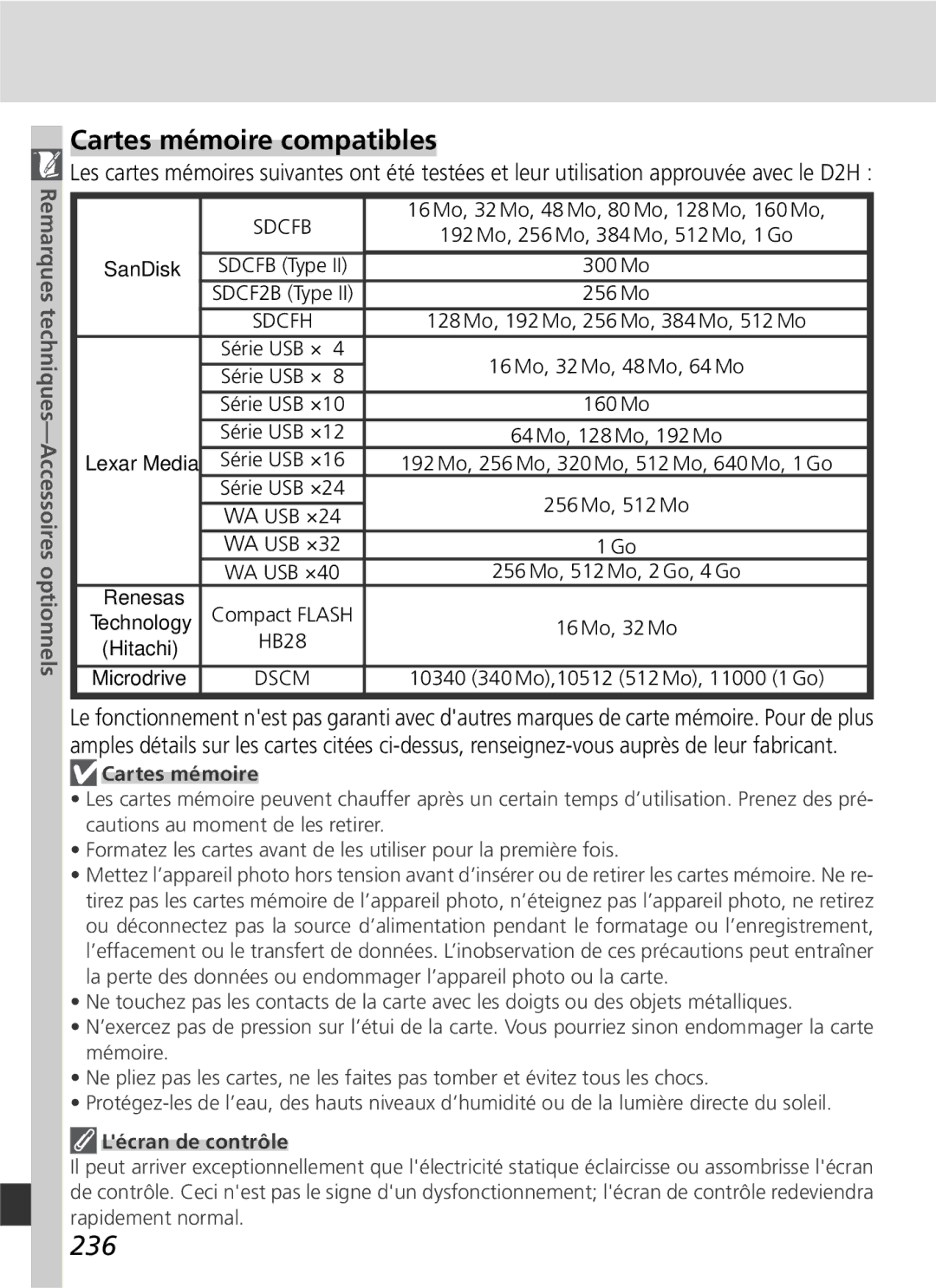 Nikon D2H manual Cartes mémoire compatibles, 236, 16 Mo, 32 Mo, 48 Mo, 80 Mo, 128 Mo, 160 Mo, Lécran de contrôle 