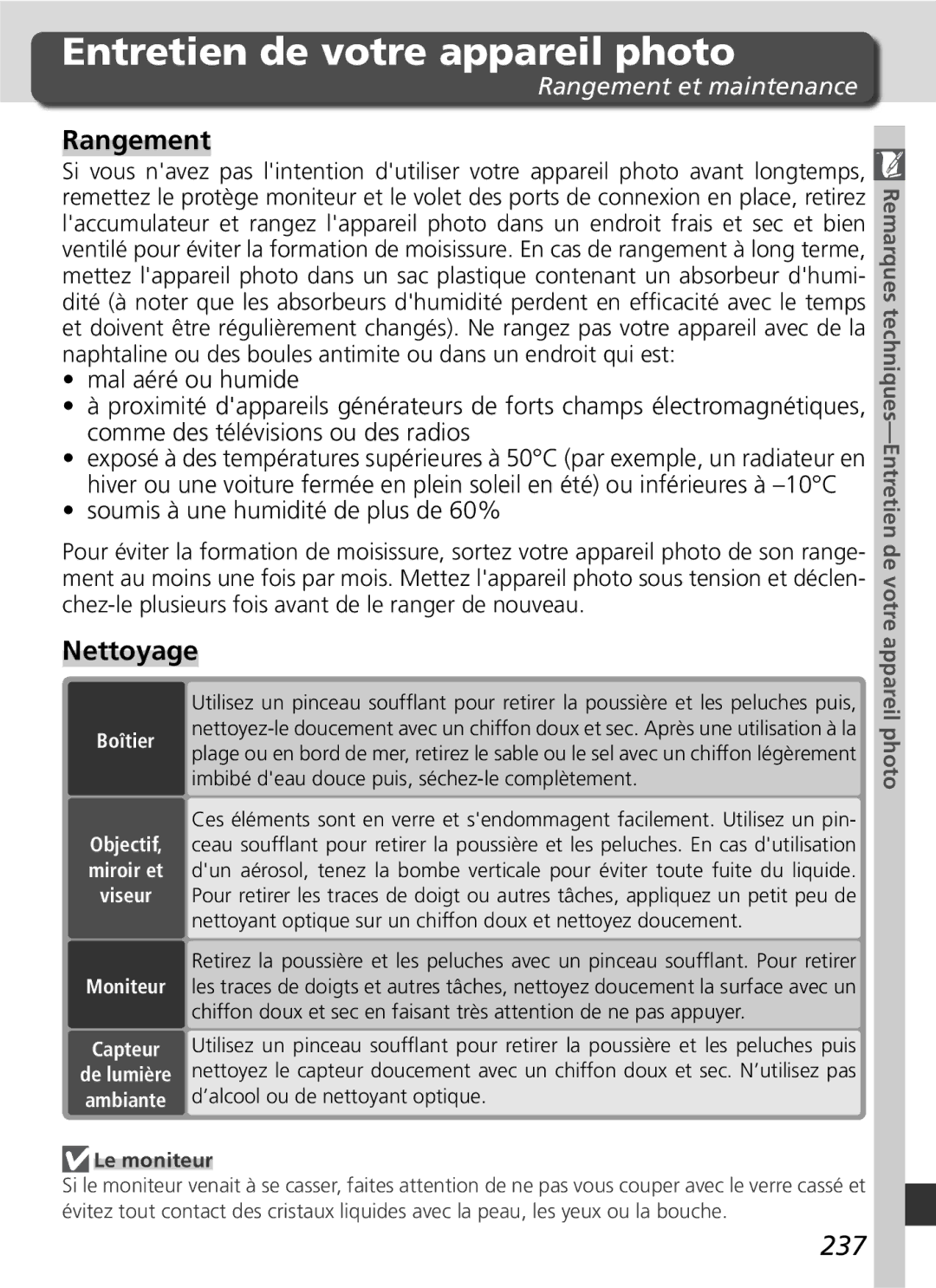 Nikon D2H manual Entretien de votre appareil photo, Nettoyage, 237, Rangement et maintenance 