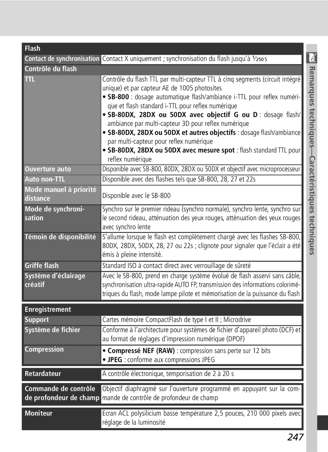 Nikon D2H manual 247, Remarques techniques-Caractéristiques techniques 