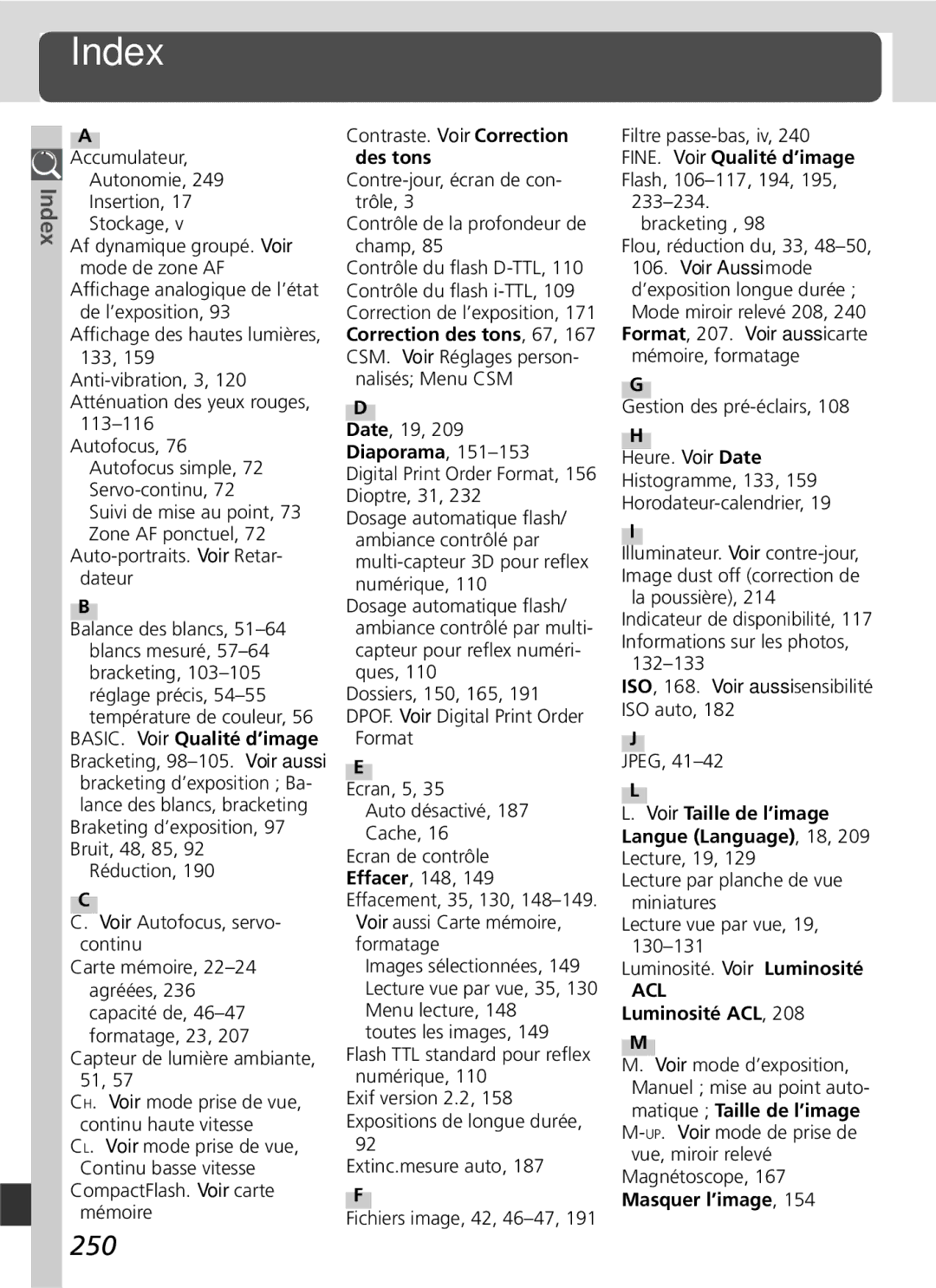 Nikon D2H manual Index, 250 