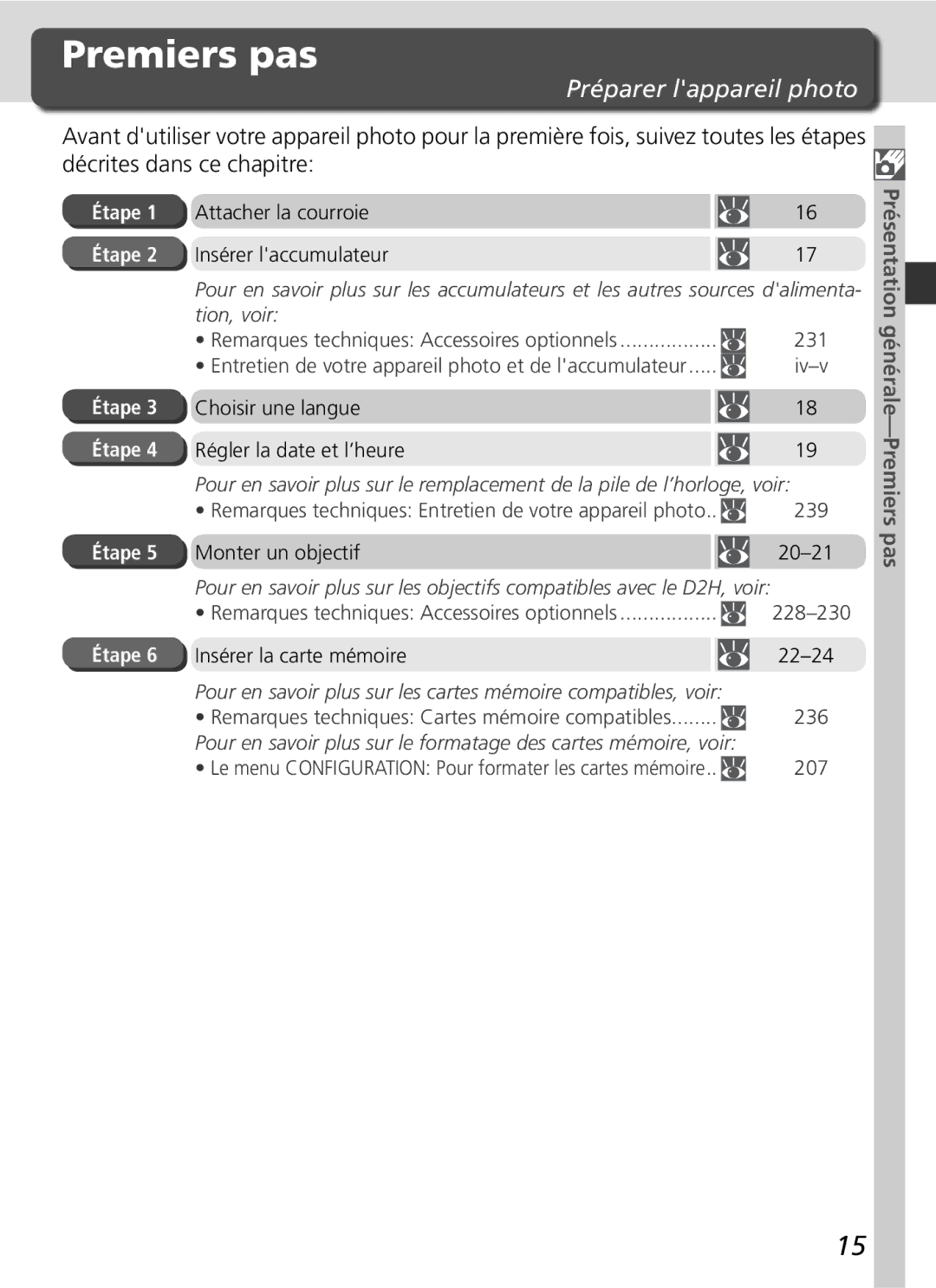 Nikon D2H manual Préparer lappareil photo, Présentation générale-Premiers pas, Étape 