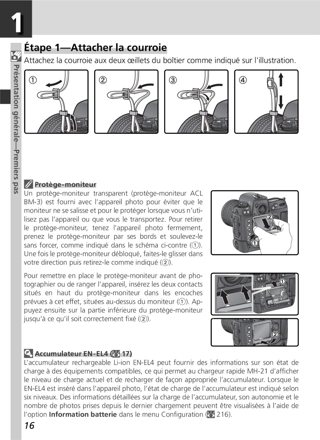 Nikon D2H manual Étape 1-Attacher la courroie, Protège-moniteur, Accumulateur EN-EL4 