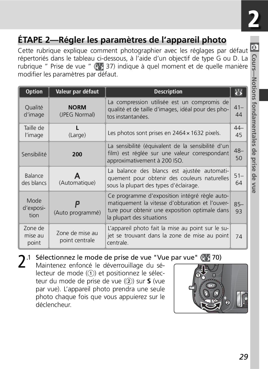 Nikon D2H manual Étape 2-Régler les paramètres de l’appareil photo, Description 