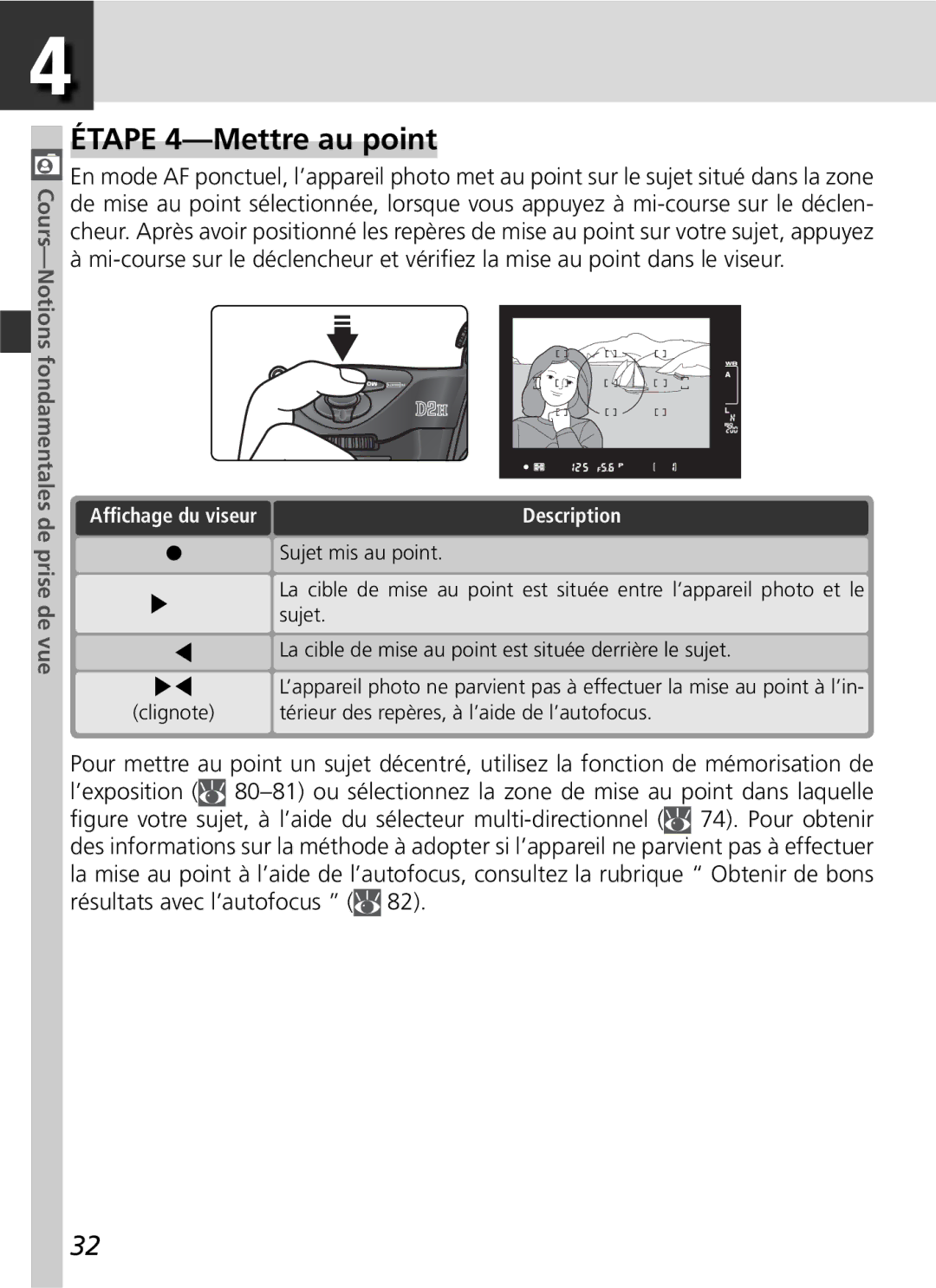 Nikon D2H manual Étape 4-Mettre au point, Afﬁchage du viseur, Clignote Térieur des repères, à l’aide de l’autofocus 