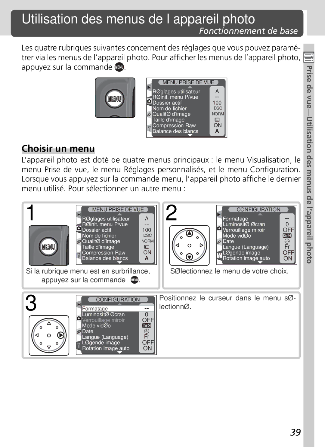 Nikon D2H manual Utilisation des menus de l’appareil photo, Choisir un menu, Fonctionnement de base 