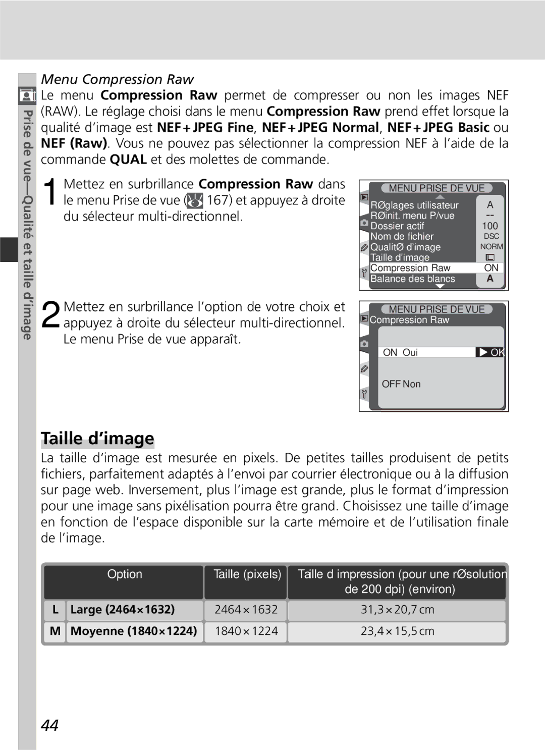 Nikon D2H manual Taille d’image, Menu Compression Raw, Qualité et taille, Option Taille pixels 