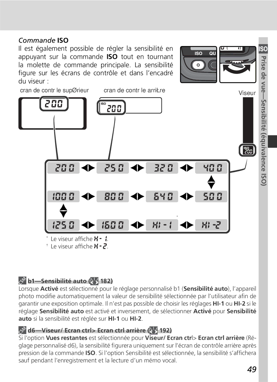 Nikon D2H manual Commande ISO, Prise de vue-Sensibilité équivalence ISO, B1-Sensibilité auto 