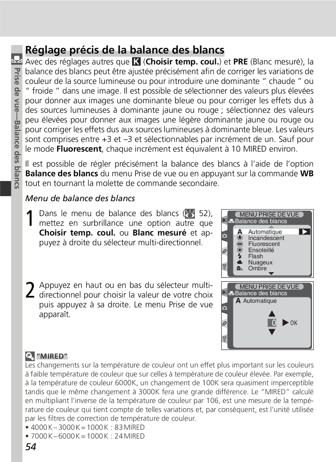 Nikon D2H manual Réglage précis de la balance des blancs, Menu de balance des blancs 